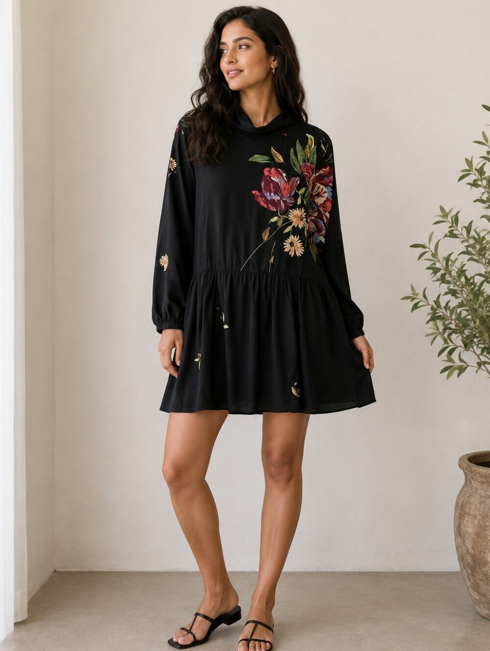 Free People Boho Black Floral Mini Dress Open Back Neck Tie Size Medoum